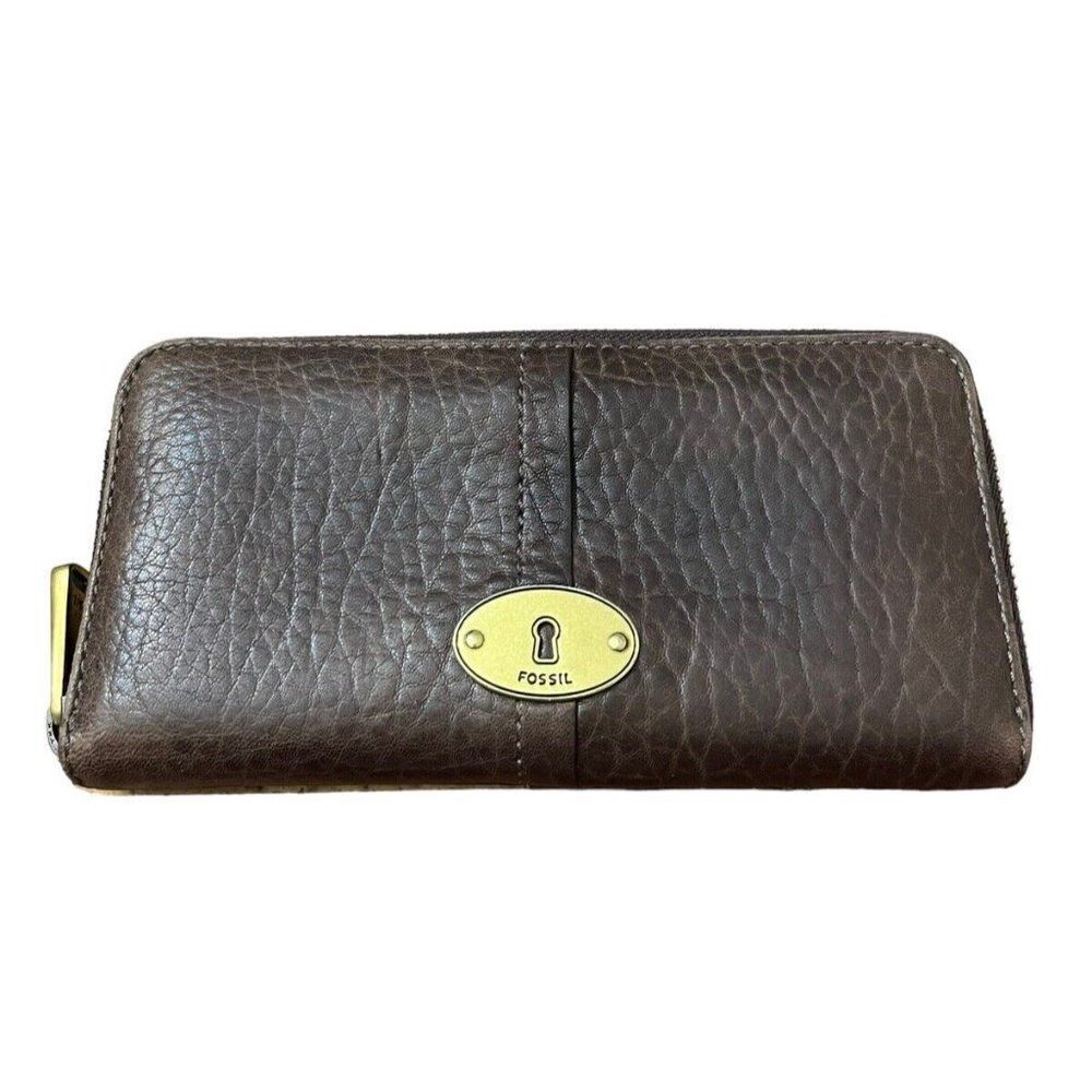 Vintage Fossil Brown Leather Organizer Clutch Wallet Clear ID Zipper Bronze
